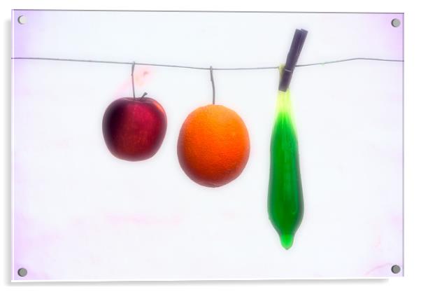 Still life with an apple, orange and  a codom Acrylic by Jose Manuel Espigares Garc