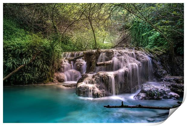 Beautiful forest majestic waterfall Print by Jordan Jelev