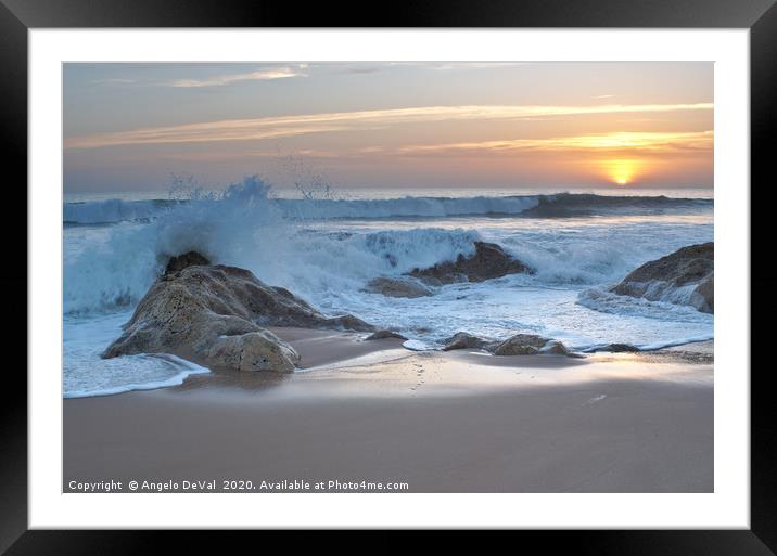 Crushing waves in Salgados beach at sunset Framed Mounted Print by Angelo DeVal