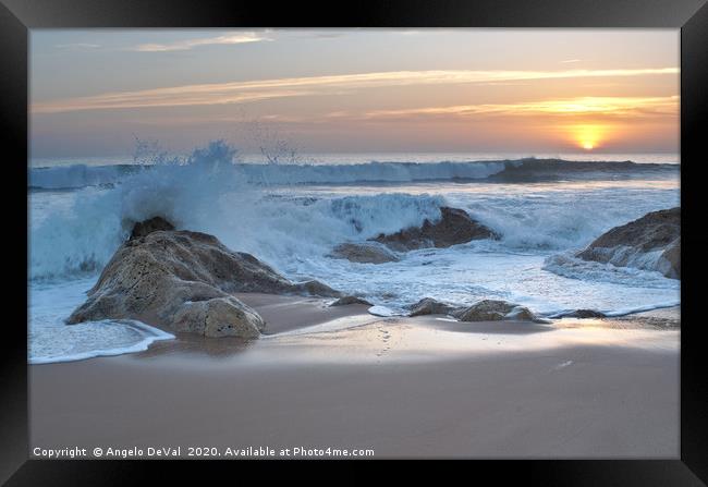 Crushing waves in Salgados beach at sunset Framed Print by Angelo DeVal