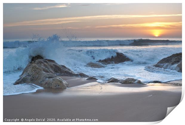 Crushing waves in Salgados beach at sunset Print by Angelo DeVal