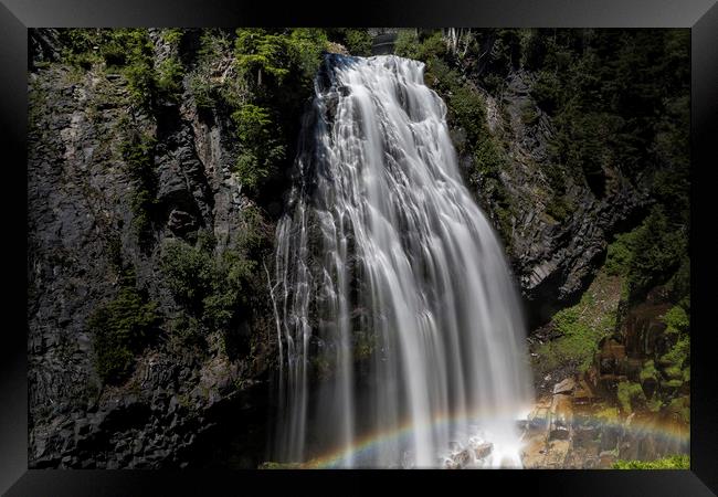 Narada Falls with a Rainbow Framed Print by Belinda Greb