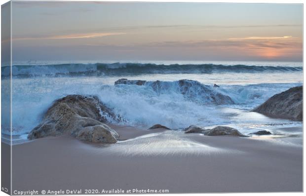 Crushing waves in Salgados beach at sunset 2 Canvas Print by Angelo DeVal