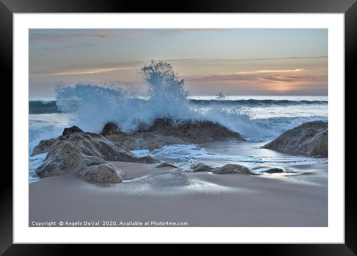 Crushing waves in Salgados beach at sunset 3 Framed Mounted Print by Angelo DeVal