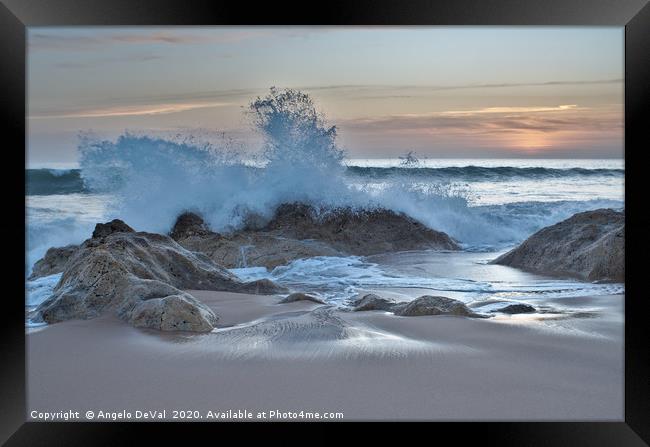 Crushing waves in Salgados beach at sunset 3 Framed Print by Angelo DeVal