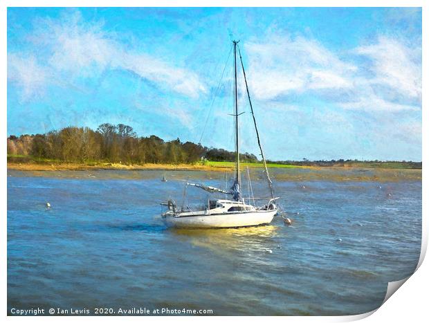 Yacht Anchored On The Deben Print by Ian Lewis