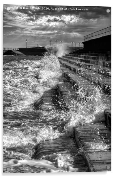 High Tide Battering The Sea Defences Acrylic by David Smith