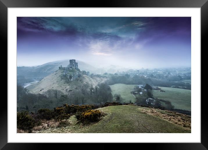Corfe castle in the mist and fog at sunrise Dorset Framed Mounted Print by Gail Johnson