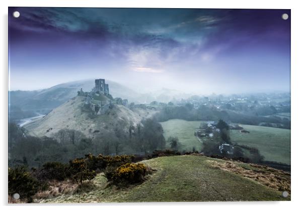 Corfe castle in the mist and fog at sunrise Dorset Acrylic by Gail Johnson