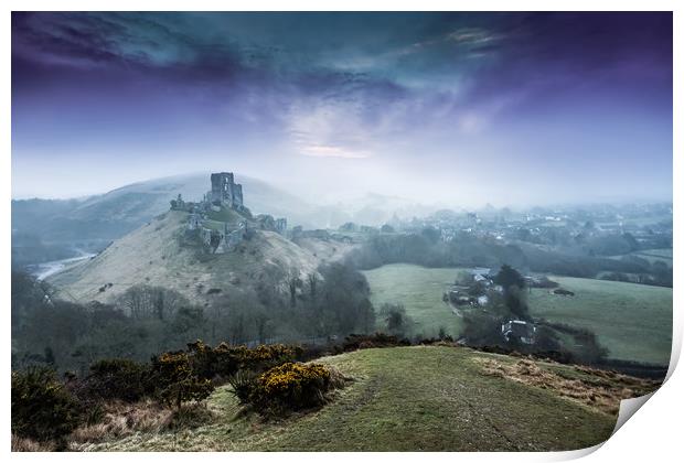 Corfe castle in the mist and fog at sunrise Dorset Print by Gail Johnson