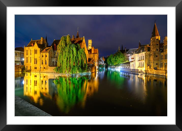 Night view of Historic City Center Brugge Framed Mounted Print by Jordan Jelev
