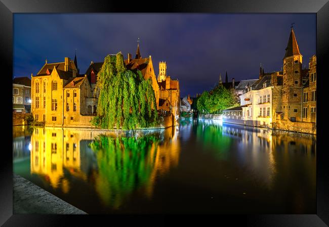 Night view of Historic City Center Brugge Framed Print by Jordan Jelev
