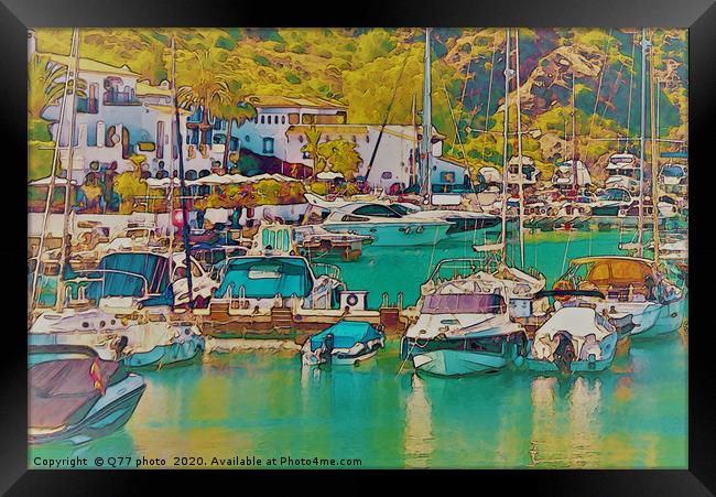 Illustration of a small port with yachts and ships Framed Print by Q77 photo