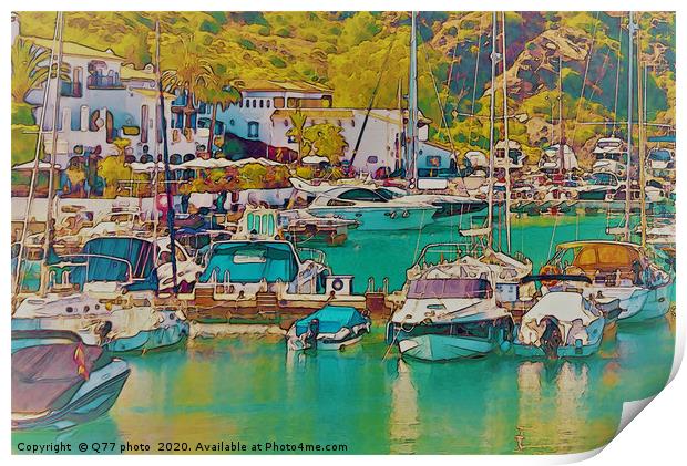 Illustration of a small port with yachts and ships Print by Q77 photo