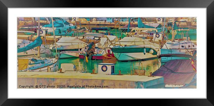 Illustration of a small port with yachts and ships in sunny Spai Framed Mounted Print by Q77 photo