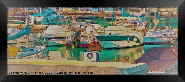 Illustration of a small port with yachts and ships in sunny Spai Framed Print by Q77 photo