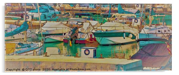 Illustration of a small port with yachts and ships in sunny Spai Acrylic by Q77 photo