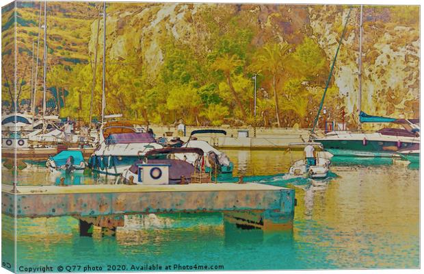 Illustration of a small port with yachts and ships Canvas Print by Q77 photo