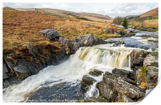 Waterfall on Afon Claerwen River Claerwen Valley Print by Nick Jenkins