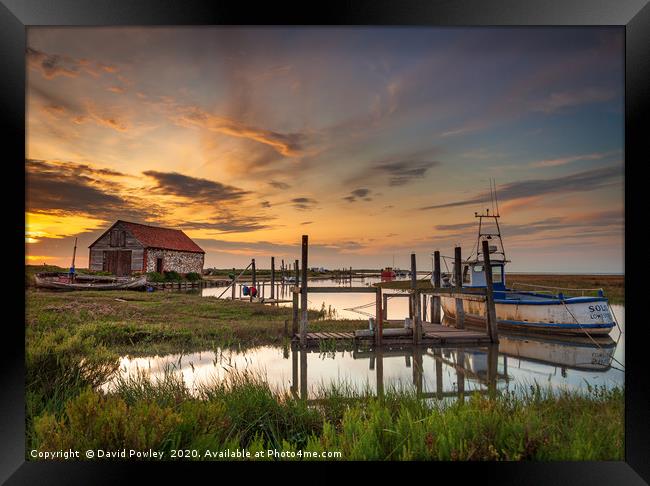 High tide Sunset at Thornham Harbour Framed Print by David Powley
