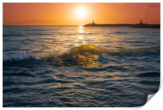 Sunrise over sea waves Print by Jordan Jelev