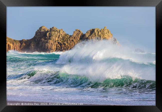 Stormy sea at Porthcurno Framed Print by Andrew Ray