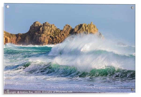 Stormy sea at Porthcurno Acrylic by Andrew Ray