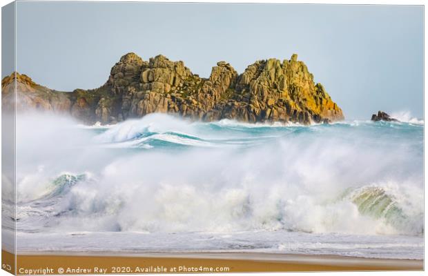 Stormy seas at Logans Rock (Porthcurno) Canvas Print by Andrew Ray