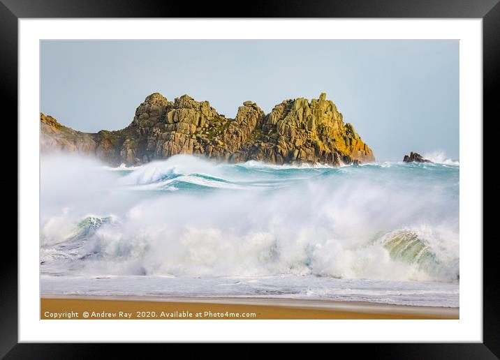 Stormy seas at Logans Rock (Porthcurno) Framed Mounted Print by Andrew Ray