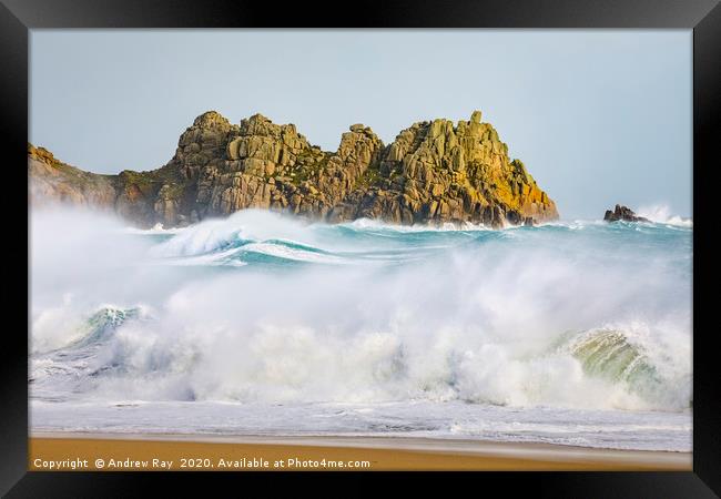 Stormy seas at Logans Rock (Porthcurno) Framed Print by Andrew Ray