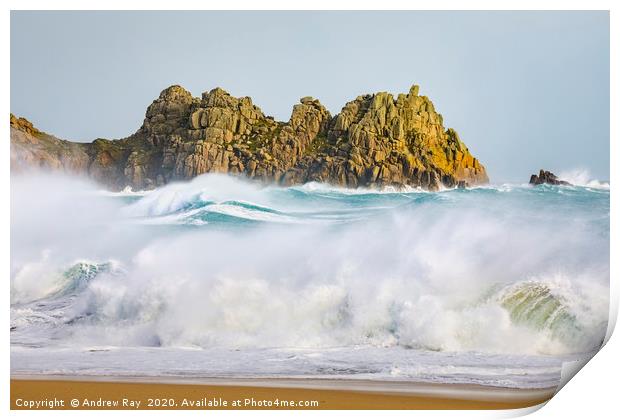 Stormy seas at Logans Rock (Porthcurno) Print by Andrew Ray