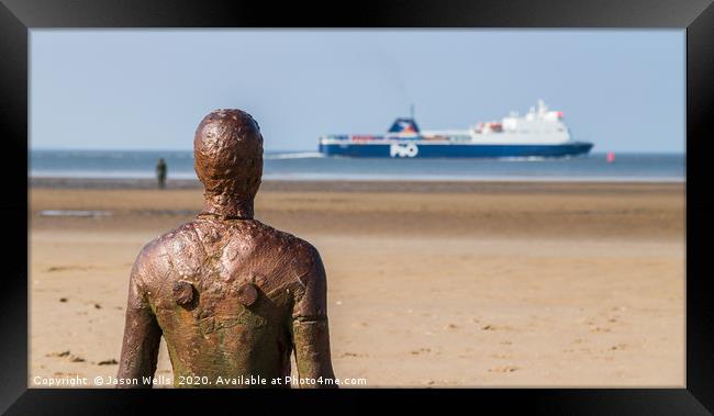 Iron Man watches a ferry pass by Framed Print by Jason Wells