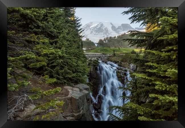 Mount Rainier and Myrtle Falls, Late Afternoon Framed Print by Belinda Greb
