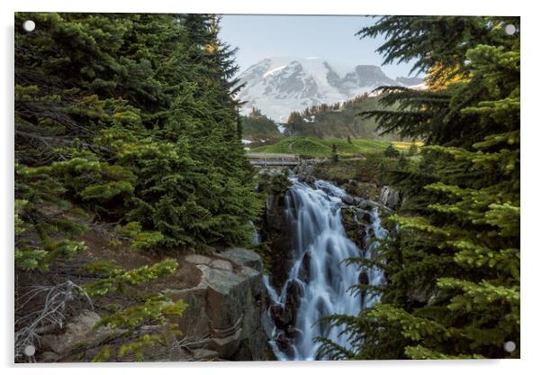 Mount Rainier and Myrtle Falls, Late Afternoon Acrylic by Belinda Greb