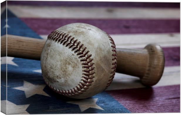 used baseball and traditional wood bat on rustic w Canvas Print by Thomas Baker