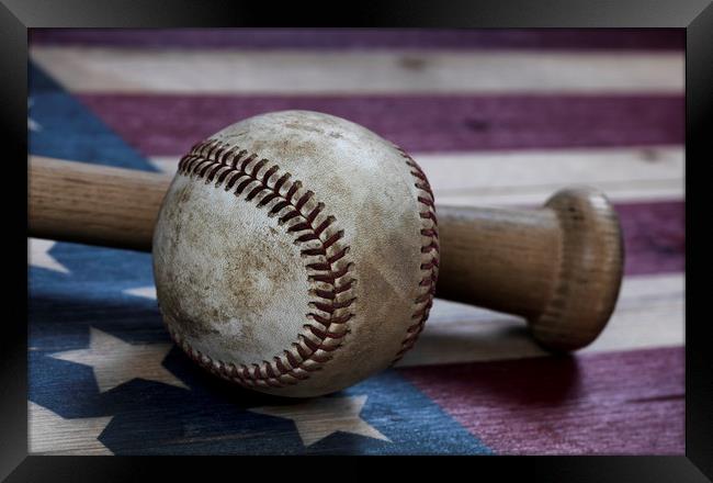 used baseball and traditional wood bat on rustic w Framed Print by Thomas Baker
