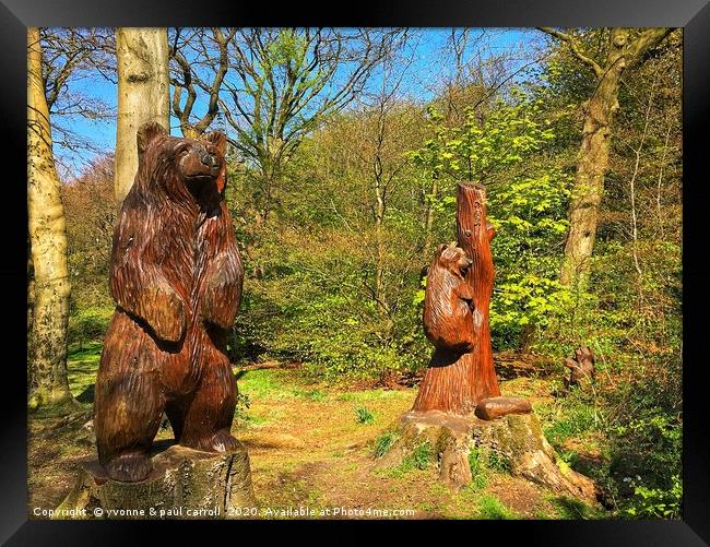 Wood carvings in Cairnhill Woods, Glasgow Framed Print by yvonne & paul carroll