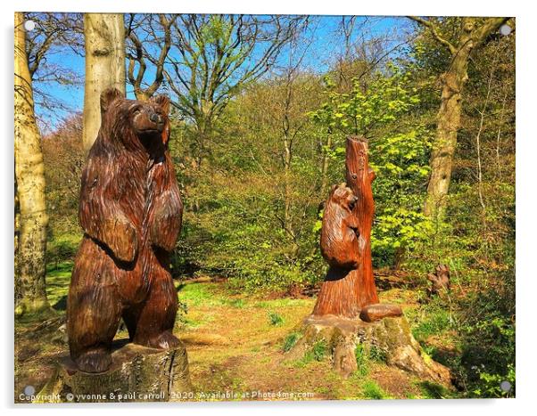 Wood carvings in Cairnhill Woods, Glasgow Acrylic by yvonne & paul carroll