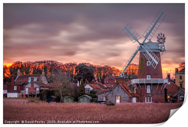 Winter sunrise at Cley Mill Norfolk Print by David Powley
