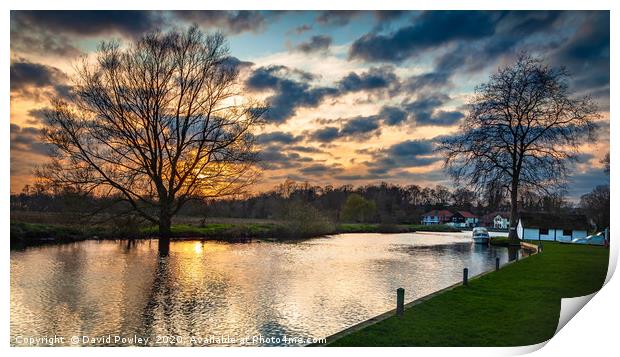 Sunset over the river at Coltishall Norfolk Print by David Powley