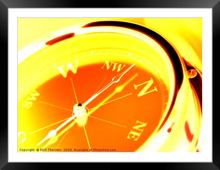 Negative image ofclose up of a compass with a blue Framed Mounted Print by Phill Thornton