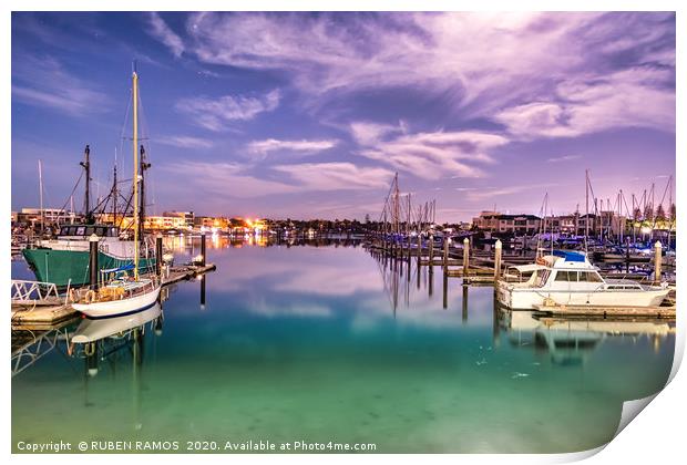 Sailboats moored on a peaceful harbor in Australia Print by RUBEN RAMOS