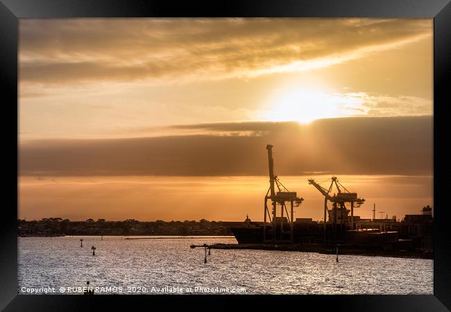 Ships and cranes silhouettes at the Melbourne Port Framed Print by RUBEN RAMOS