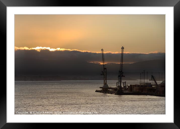 Two shipping cranes at the Bell Bay port in Tasman Framed Mounted Print by RUBEN RAMOS