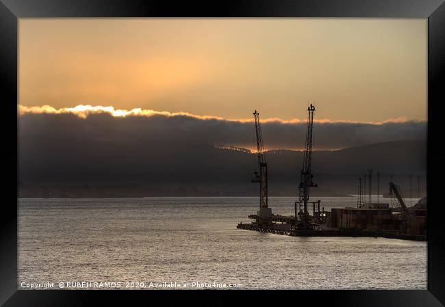 Two shipping cranes at the Bell Bay port in Tasman Framed Print by RUBEN RAMOS
