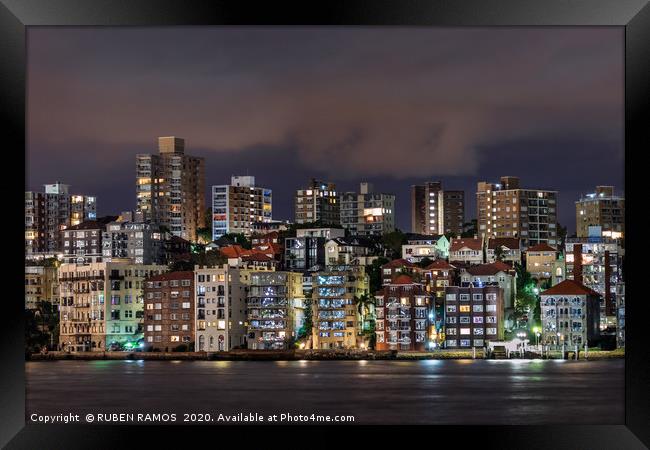 Cityscape at Sydney Harbor at night,  Framed Print by RUBEN RAMOS