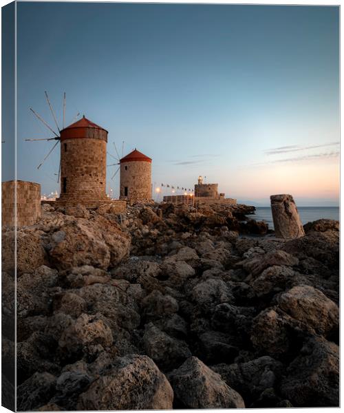Rhodes Windmills and Fort at Blue Hour Canvas Print by Antony McAulay