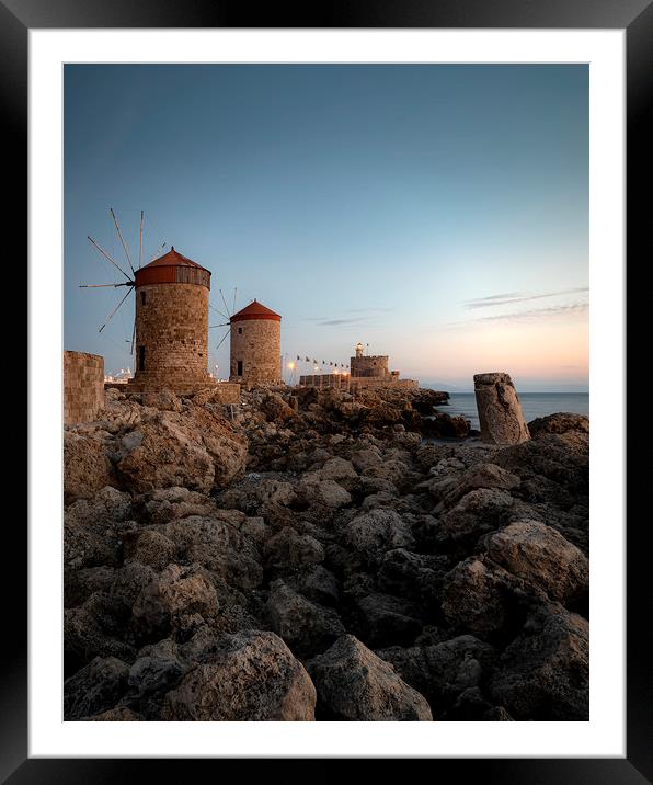 Rhodes Windmills and Fort at Blue Hour Framed Mounted Print by Antony McAulay