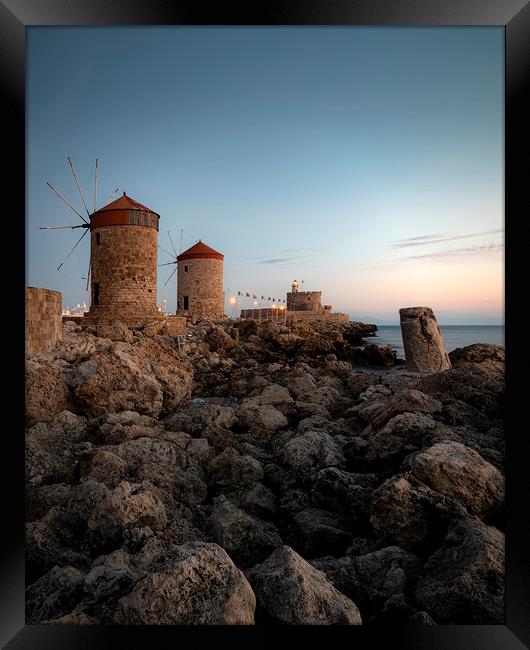 Rhodes Windmills and Fort at Blue Hour Framed Print by Antony McAulay