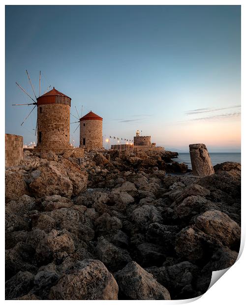 Rhodes Windmills and Fort at Blue Hour Print by Antony McAulay
